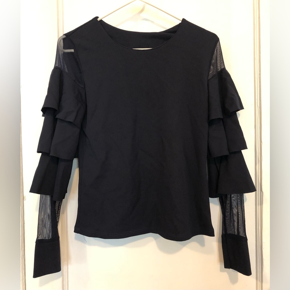Navy Ruffle Long Sleeve Crew Neck Top